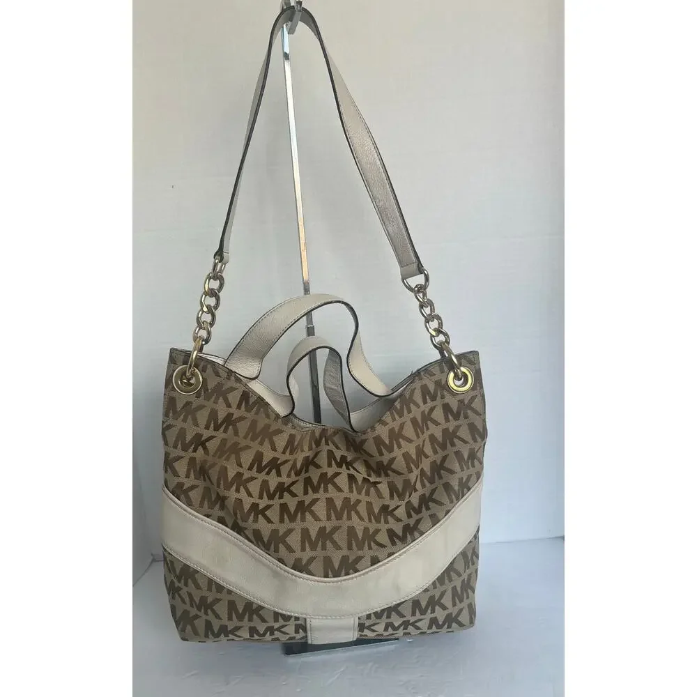 Michael Kors Signature Brown Canvas with‎ White Leather Shoulder/Hand Bag Purse